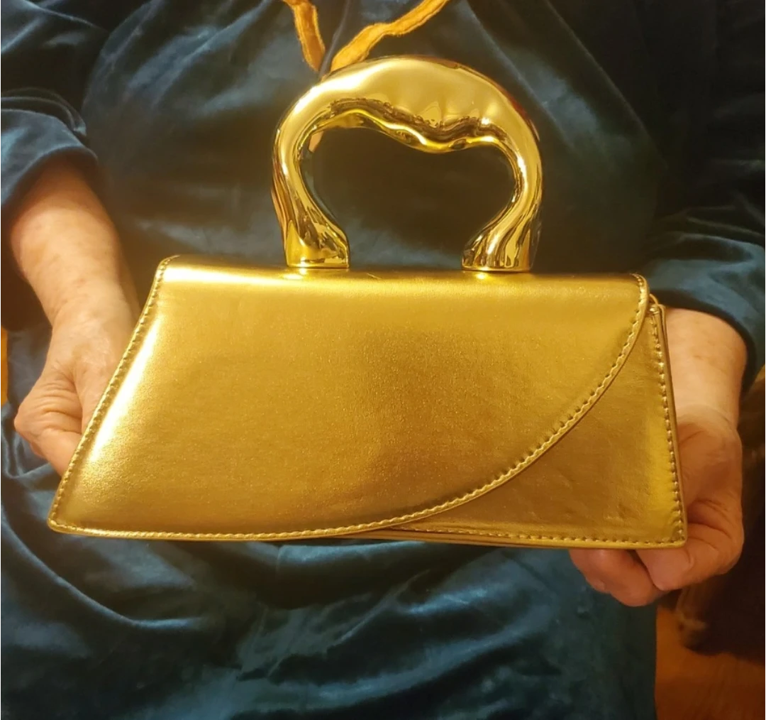 Metallic Gold Top Handle Bag Detachable Strap Retro Rectangle fo