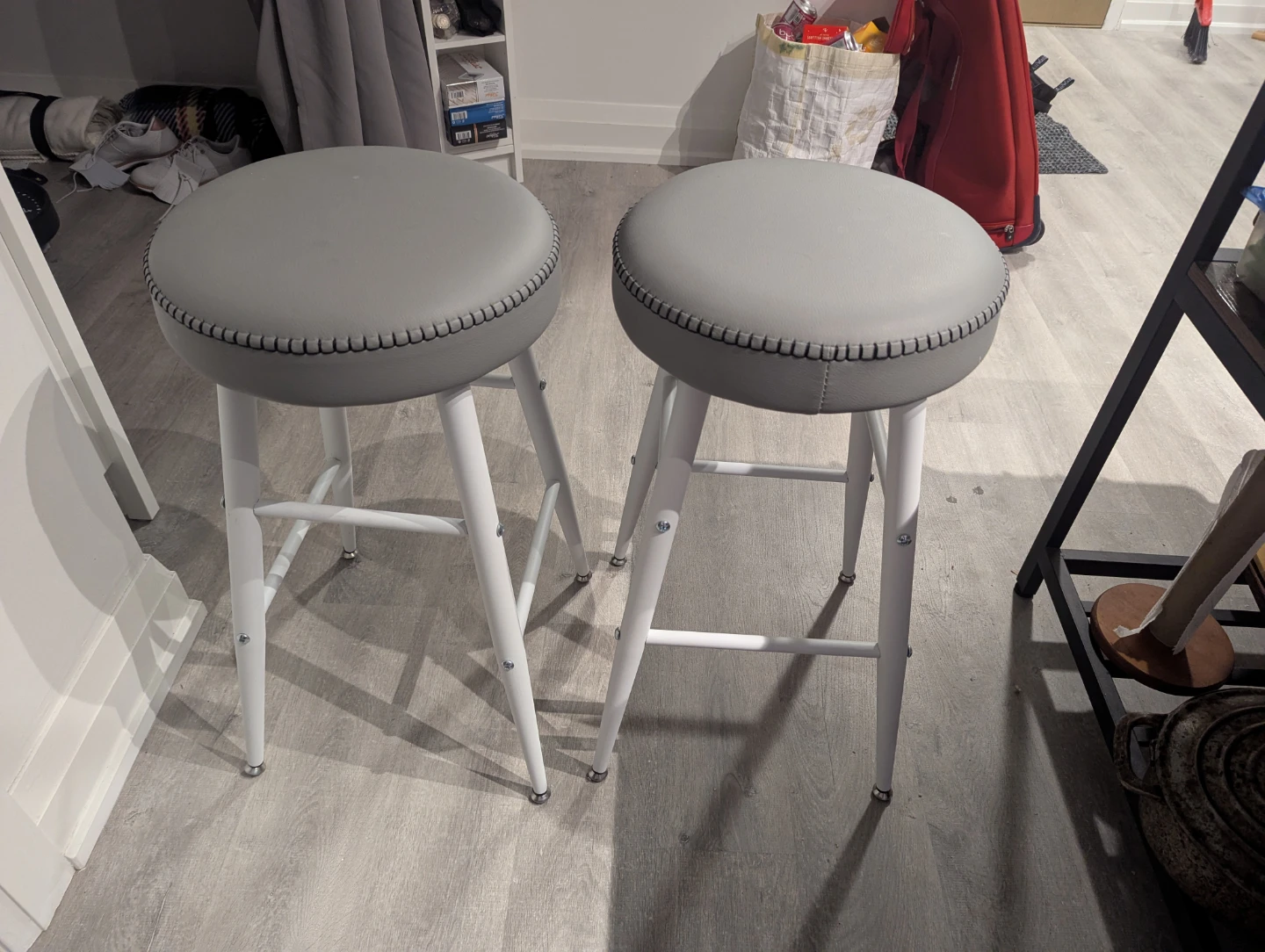 2 Grey Bar Stools with White Legs