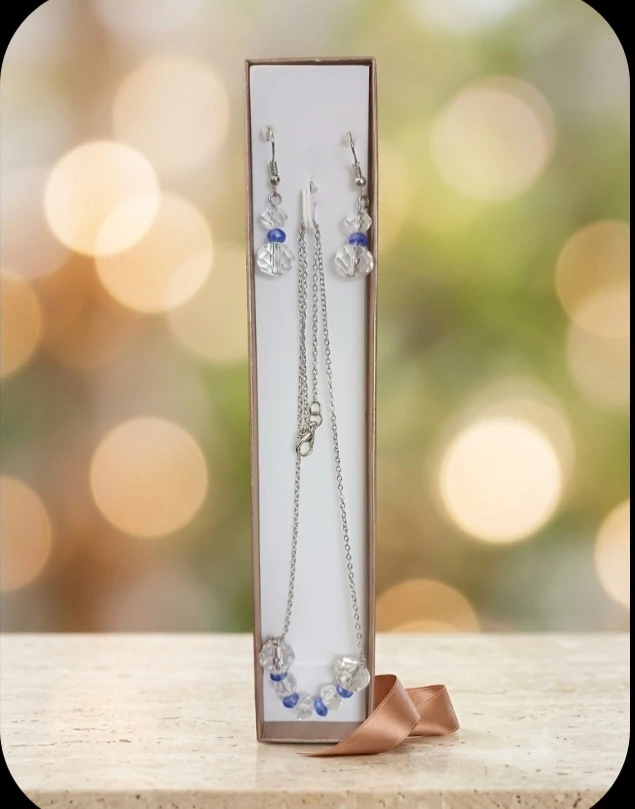 Crystal and Blue Bead Necklace and Earring Set