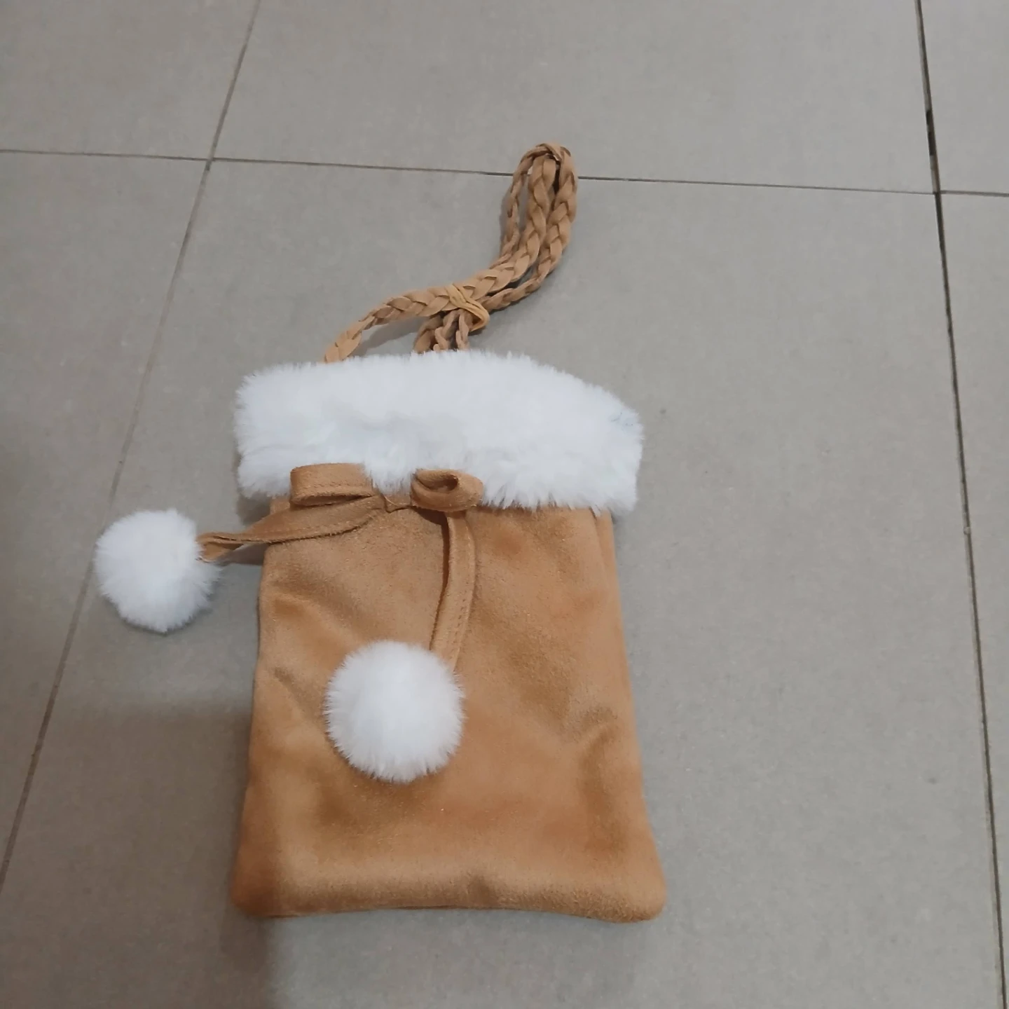 ⚽ Faux Suede Bag with White Trim and Pom Poms