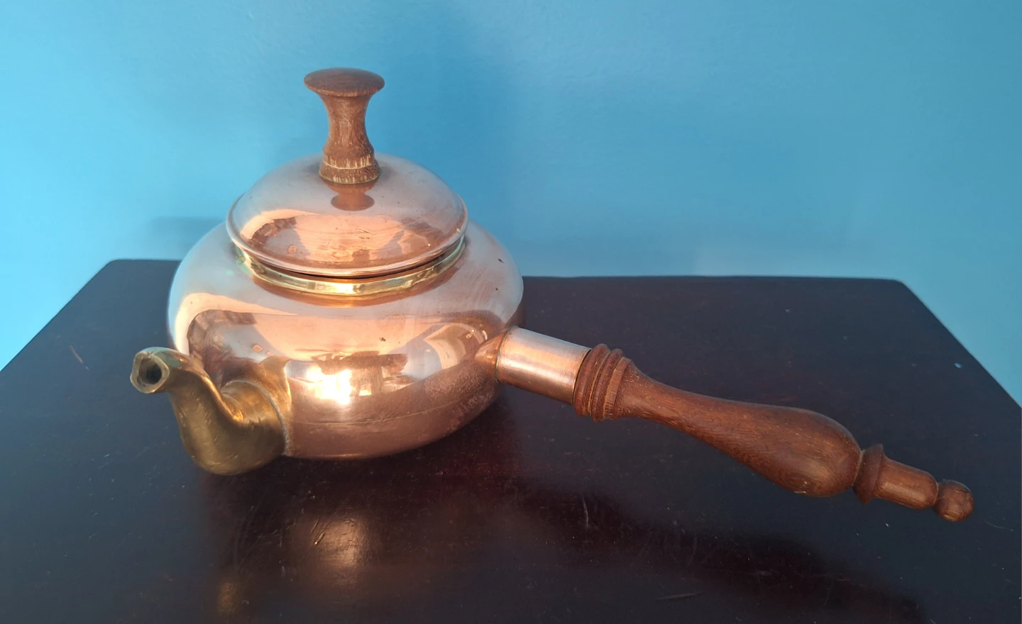 Vintage Copper Tea Pot with Wooden Handle and Lid