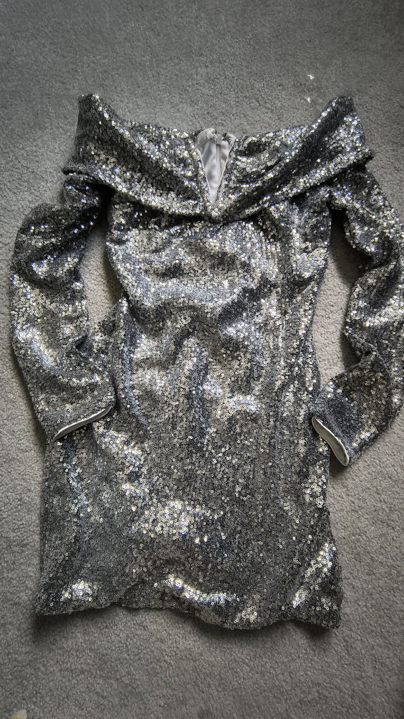 Fashion Nova Silver Sequin Off-the-Shoulder Dress