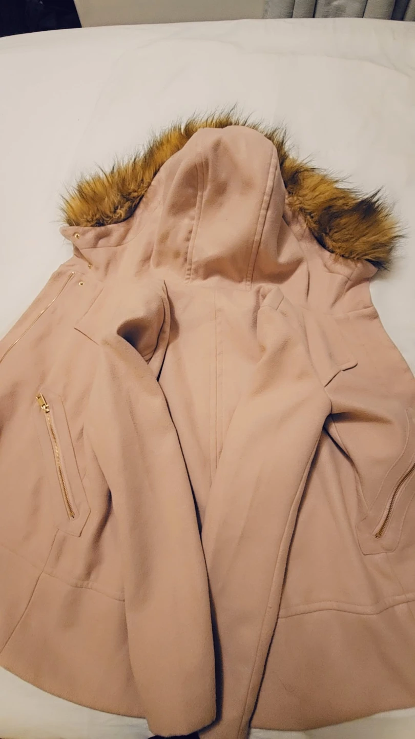 Zara Basic pink hooded coat with faux fur trim