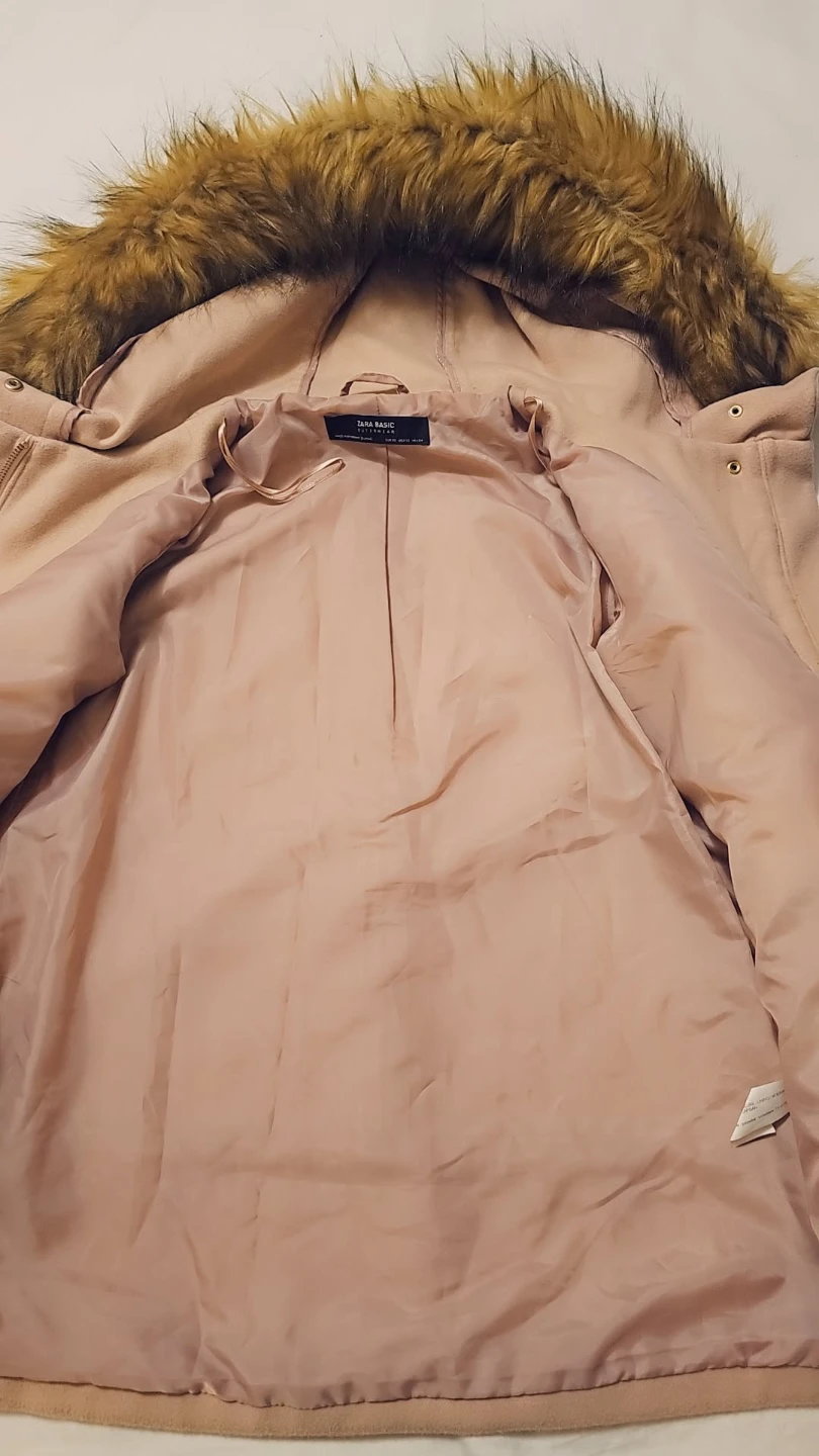 Zara Basic pink hooded coat with faux fur trim - photo 2