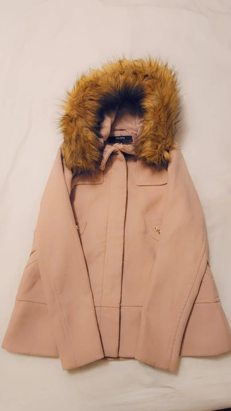 Zara Basic pink hooded coat with faux fur trim - photo 4