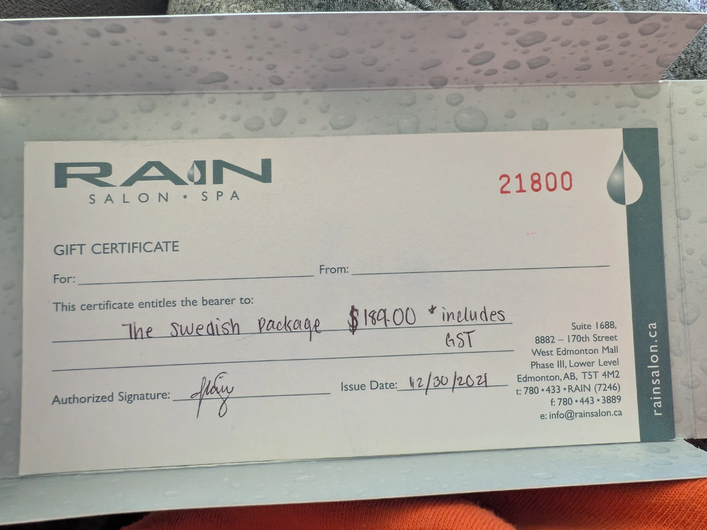 Rain Salon & Spa Gift Certificate - $189.00