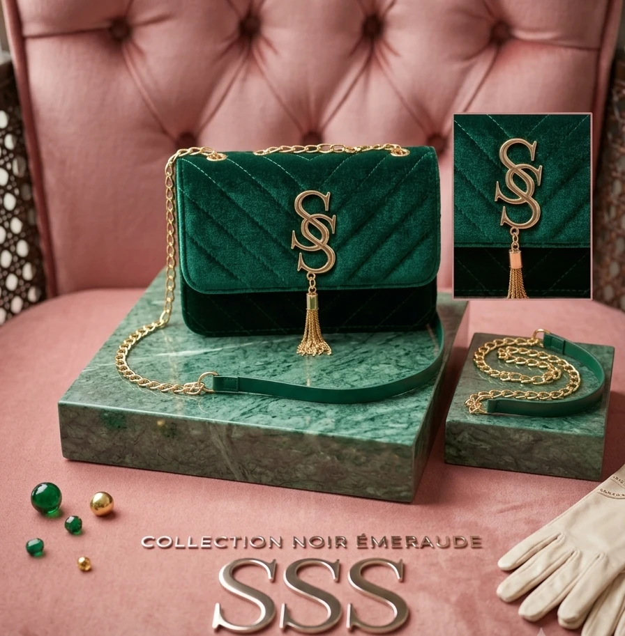 Green Velvet Quilted Shoulder Bag with Gold Chain