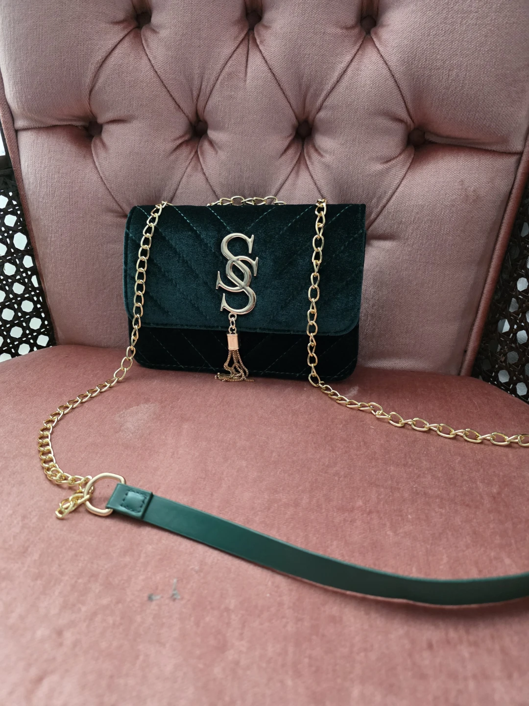 Green Velvet Quilted Shoulder Bag with Gold Chain - photo 2
