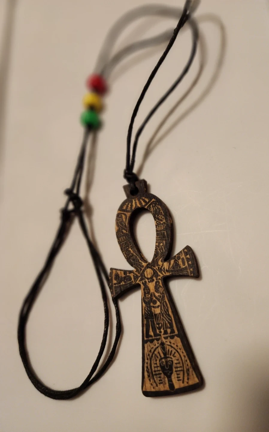 Wooden Ankh Pendant Necklace with Rasta Beads