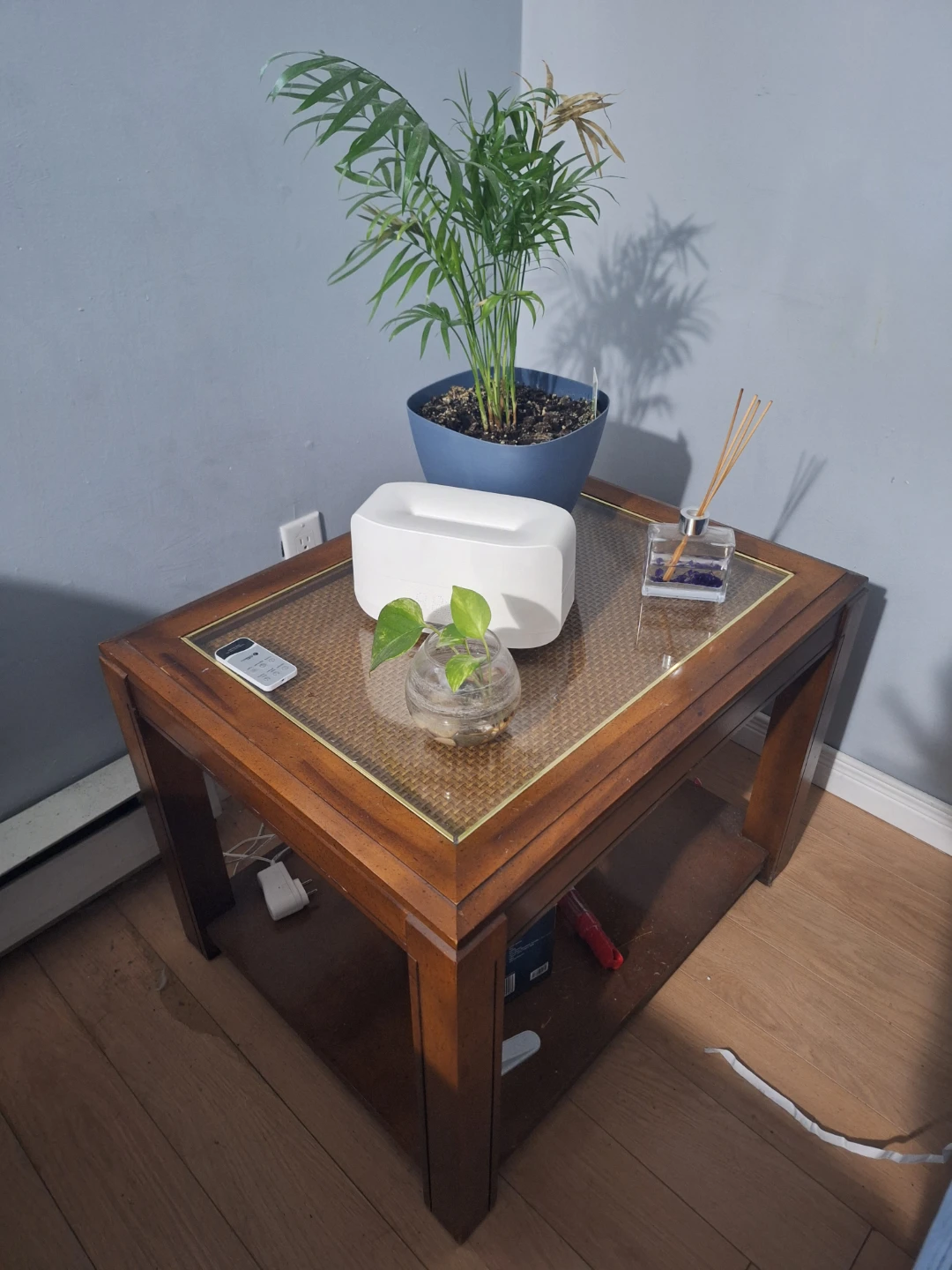 Wooden End Table with Glass Top