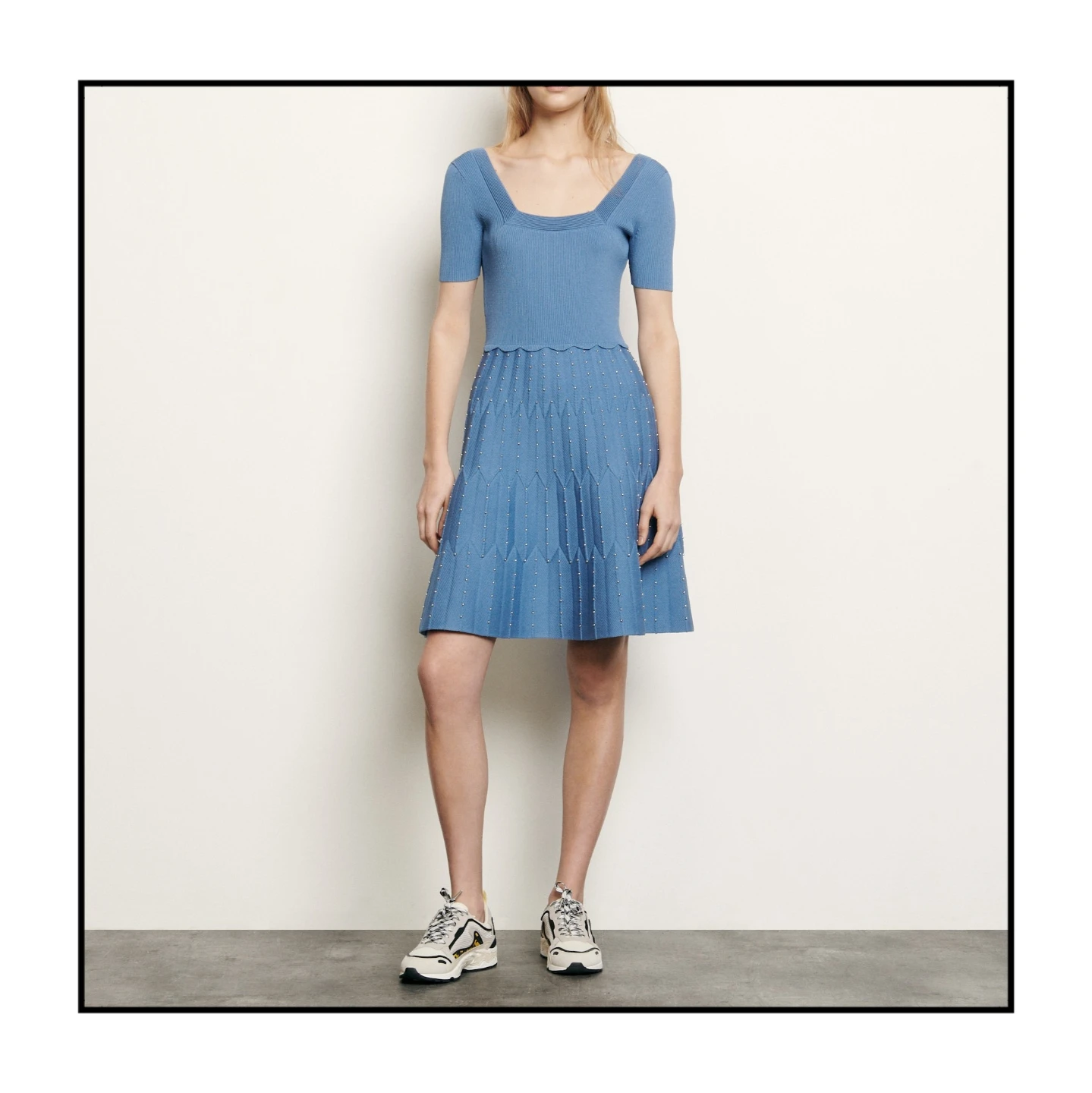 Sandro Flyn Blue Knit Bead-Embellished Fit+Flare Dress - photo 3