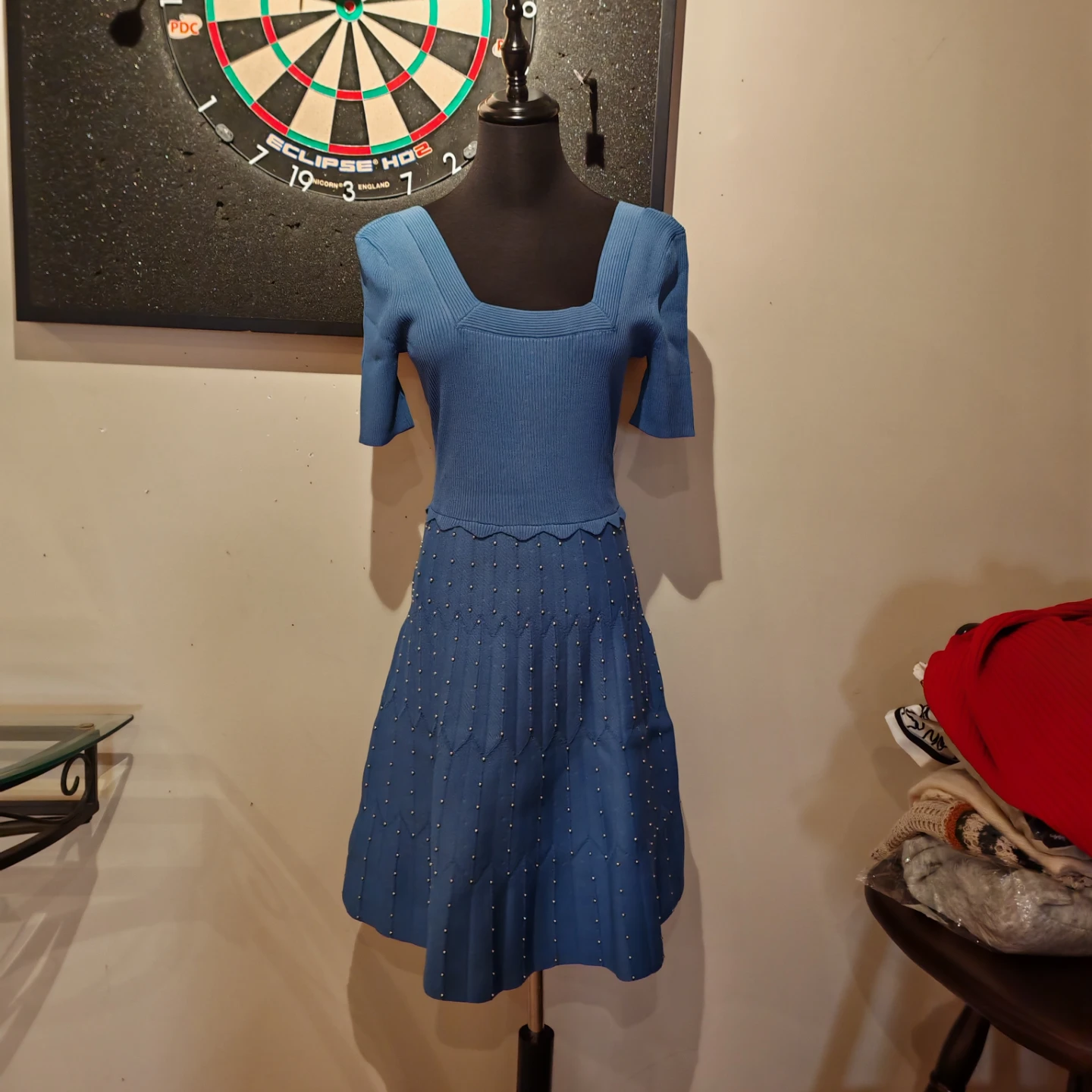 Sandro Flyn Blue Knit Bead-Embellished Fit+Flare Dress - photo 5