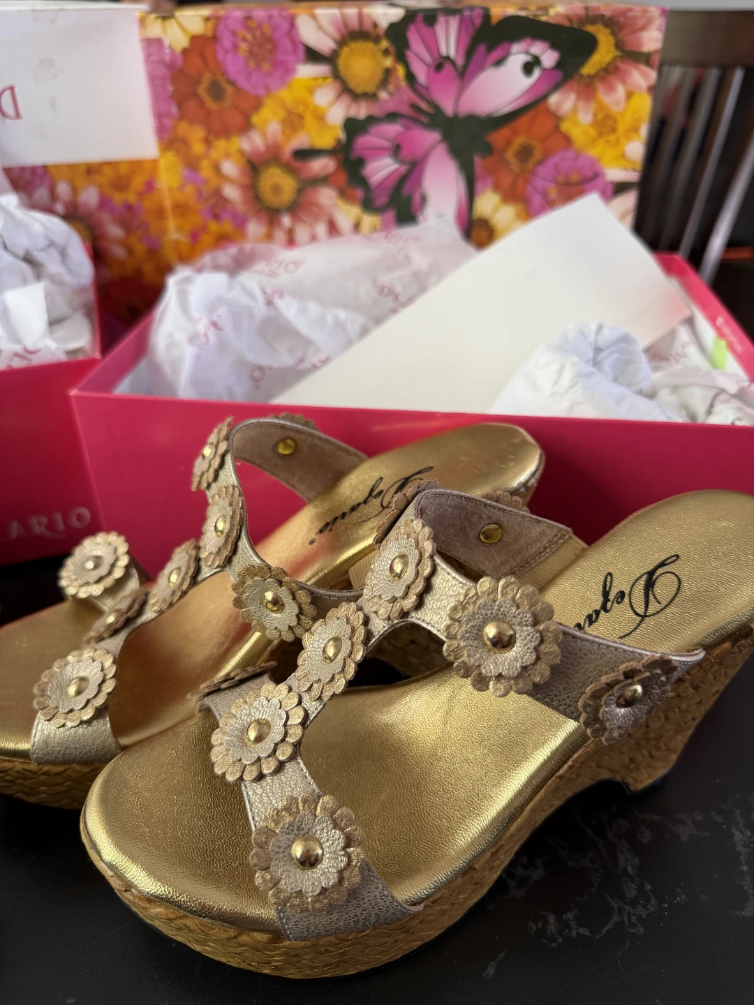 New in box Dezario Gold Wedge Sandals with Flower Embellishments - photo 2