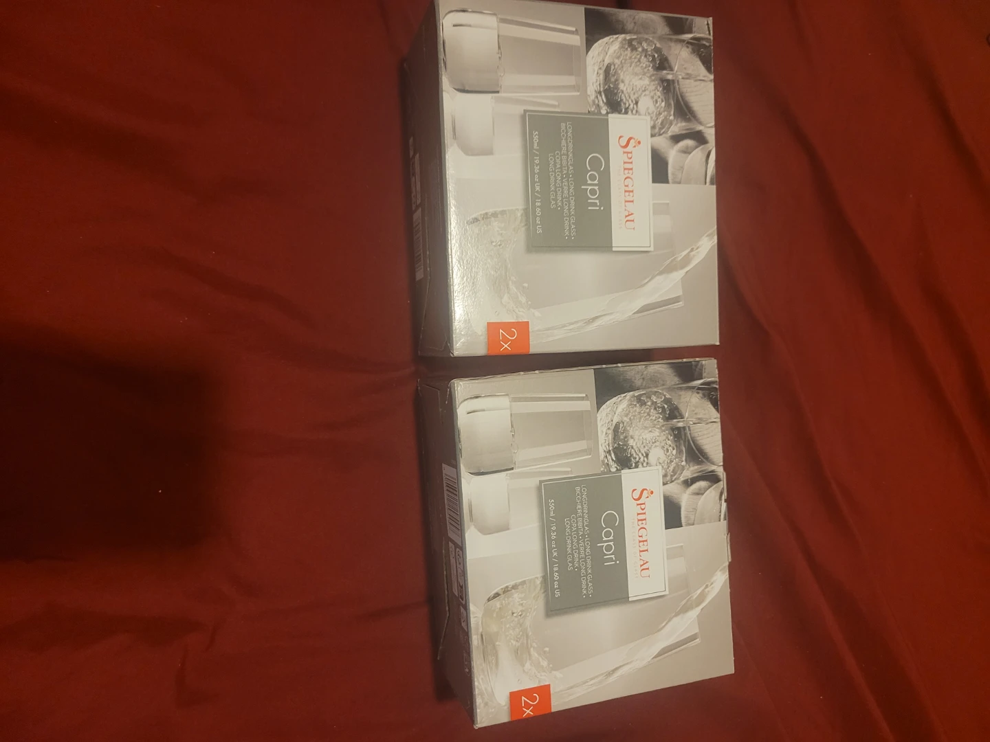 $40/2 boxes or $25/box. Spiegelau Capri Long Drink Glasses