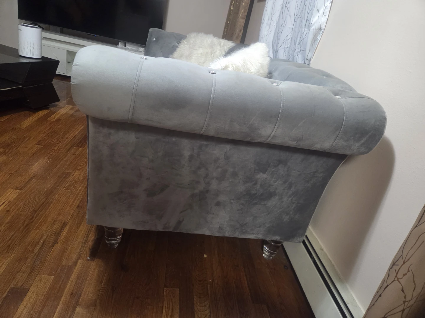 Grey Tufted Sofa with Crystal Accents - photo 3