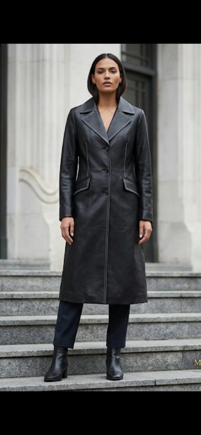 Black Faux Leather Long trench Coat - photo 2
