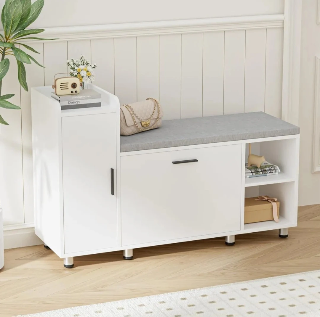 White Shoe Cabinet with Bench and Storage