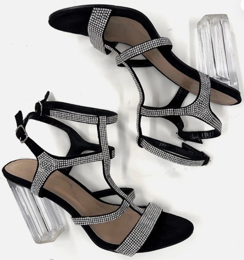 YOKI Black Rhinestone Block Heel Sandals