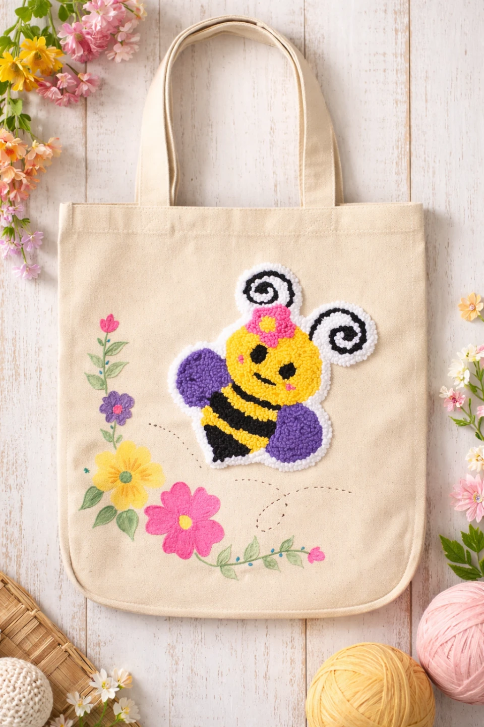 Canvas Tote Bag with Bee punch needle