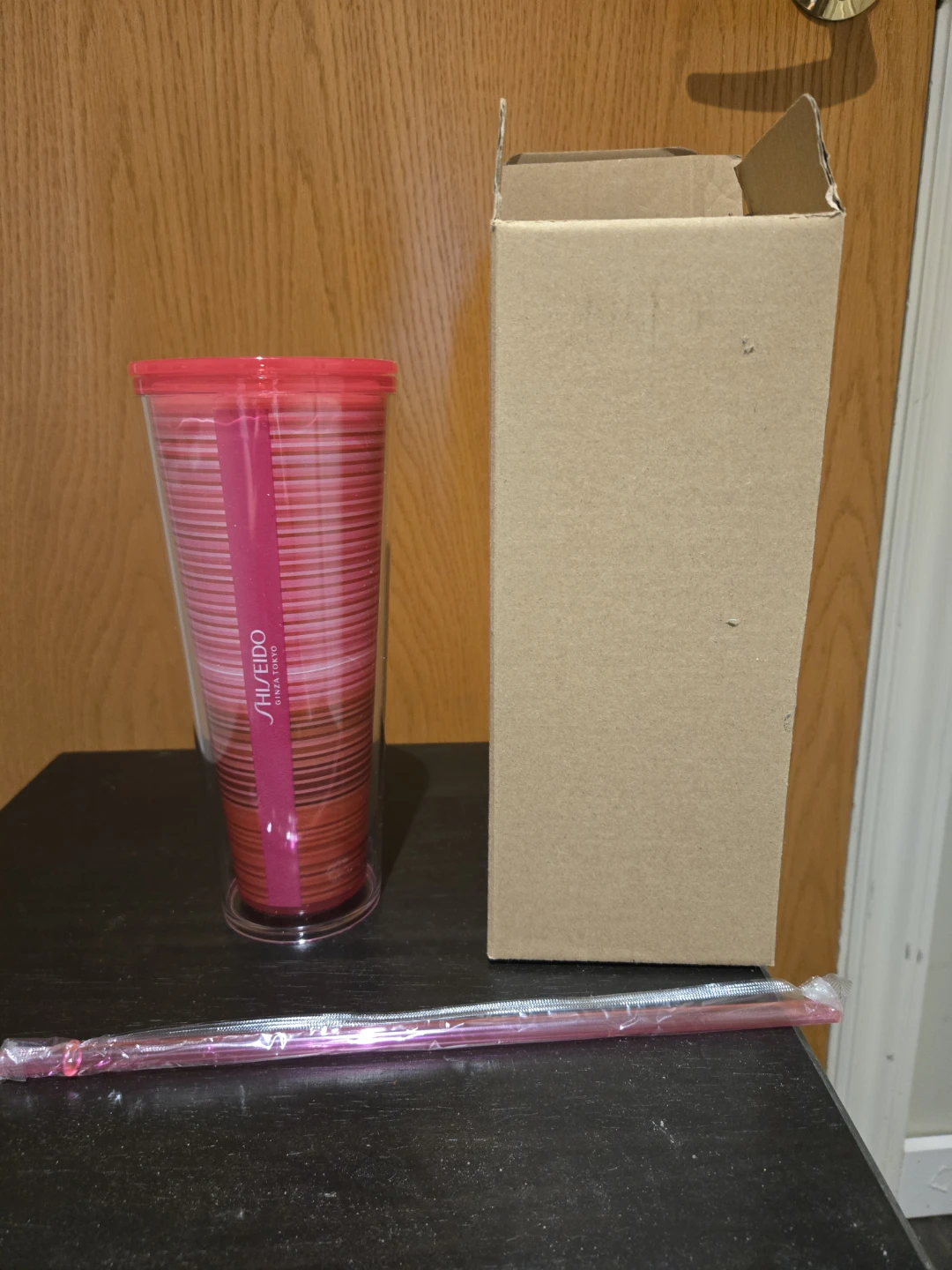 Shiseido Pink Striped Tumbler with Straw ⚽