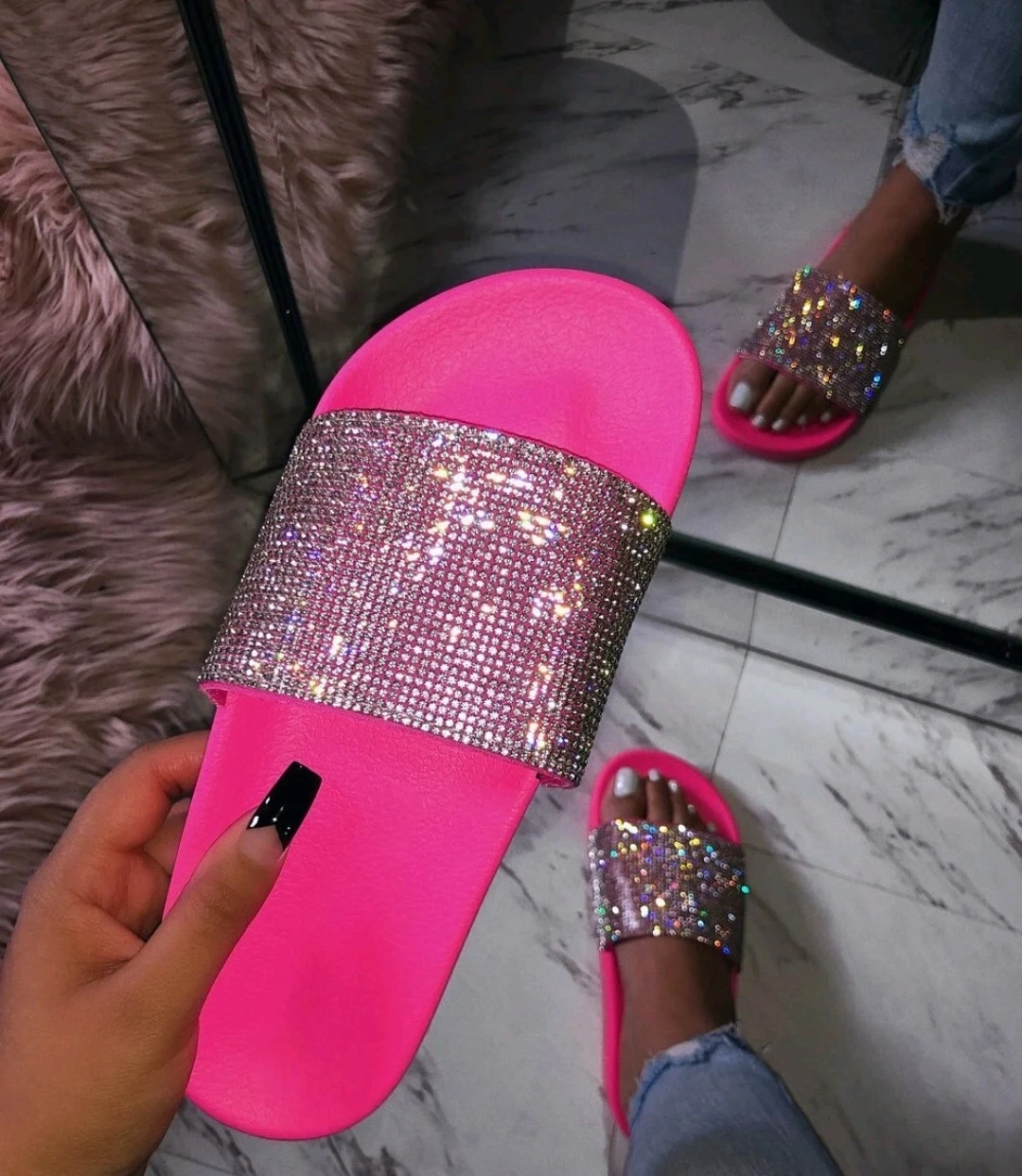 Rhinestone Slides Sandals - Pink, green - photo 4