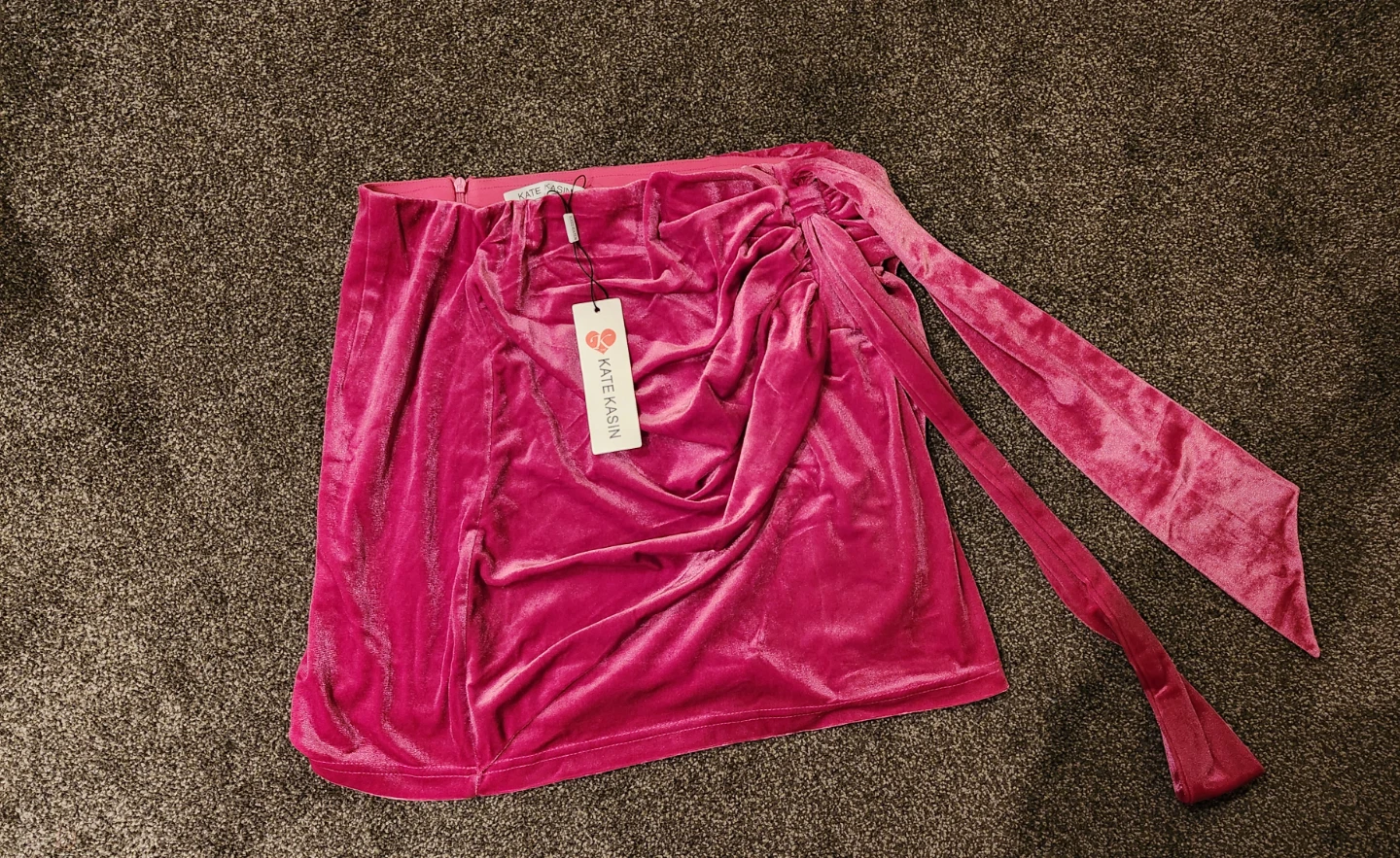 Kate Kasin hot pink velvet ruched tie-waist skirt L