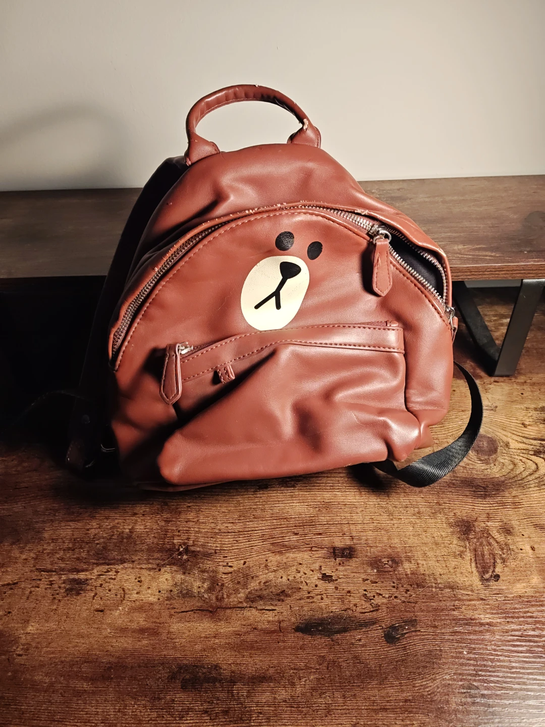 Brown Faux Leather Bear Face Backpack
