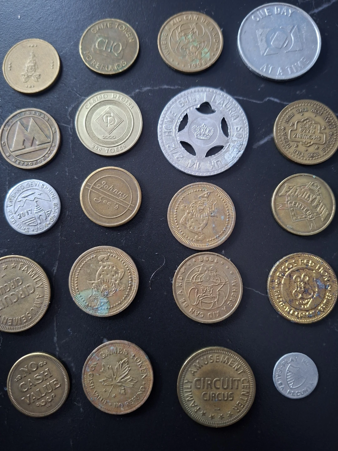 Assorted Game Tokens and Coins