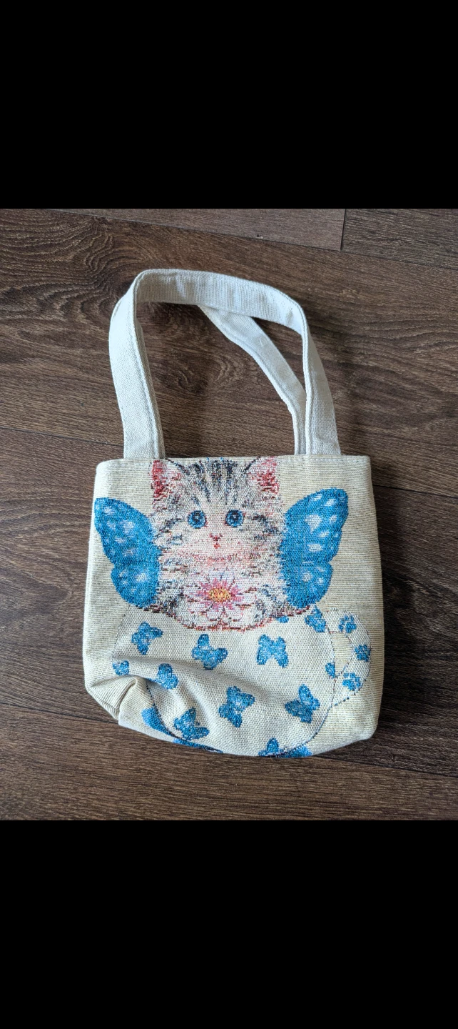 Small canvas tote bag with kitten and butterfly design