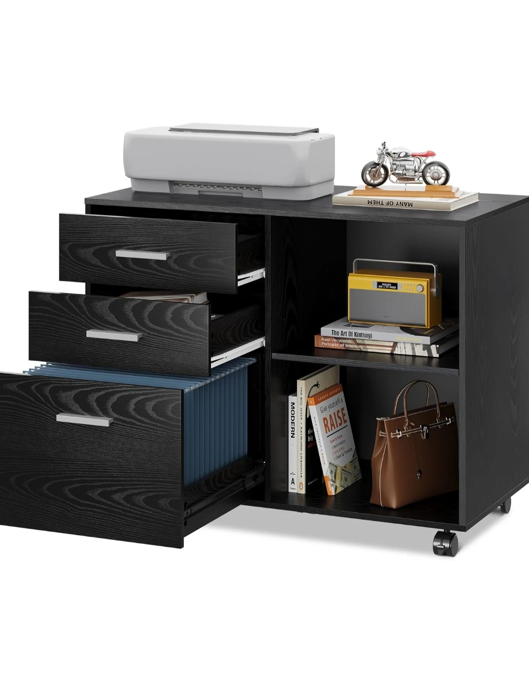 Black 3-Drawer Filing Cabinet with Wheels