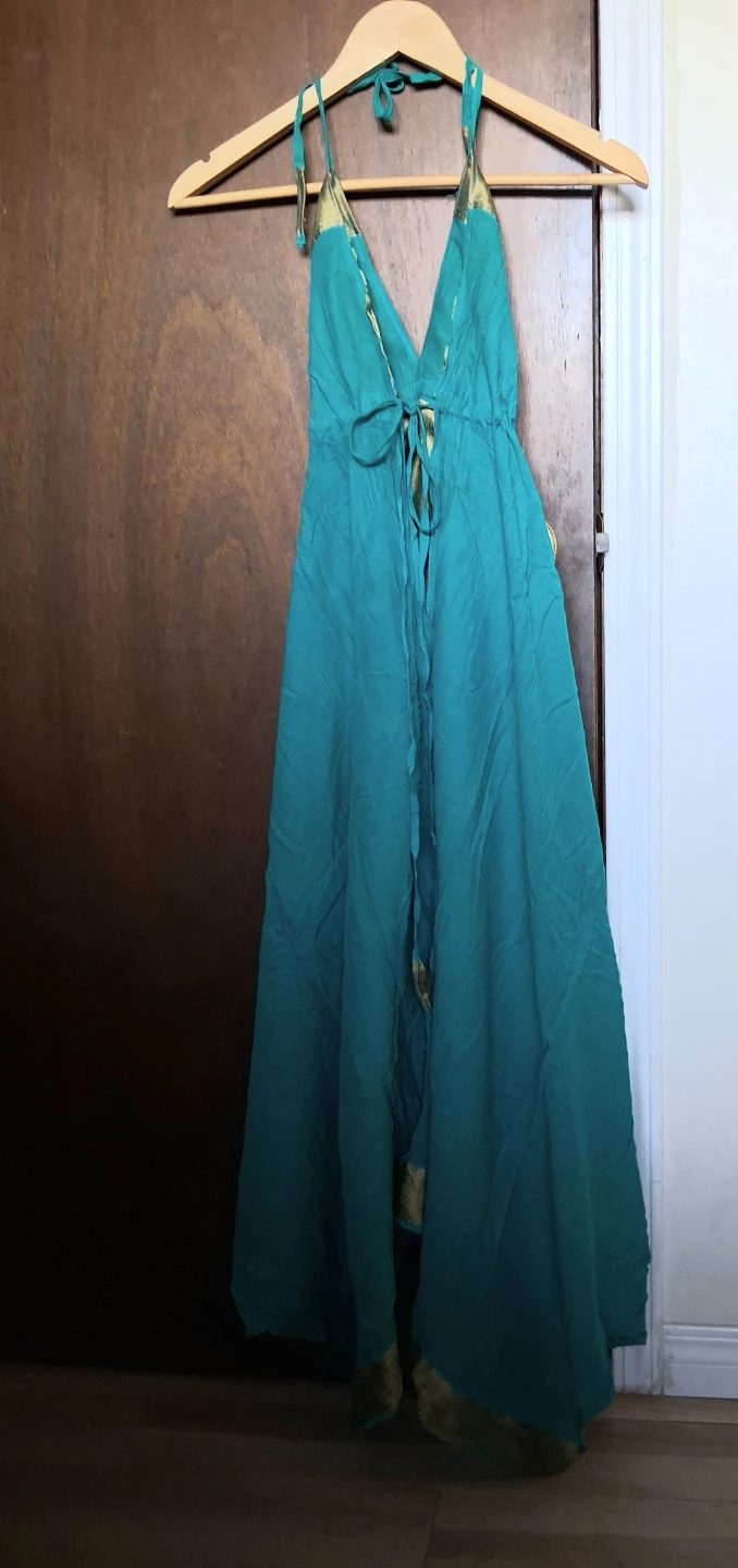 BOHO HALTER TEAL MAXI DRESS WITH GOLD TRIM - photo 3