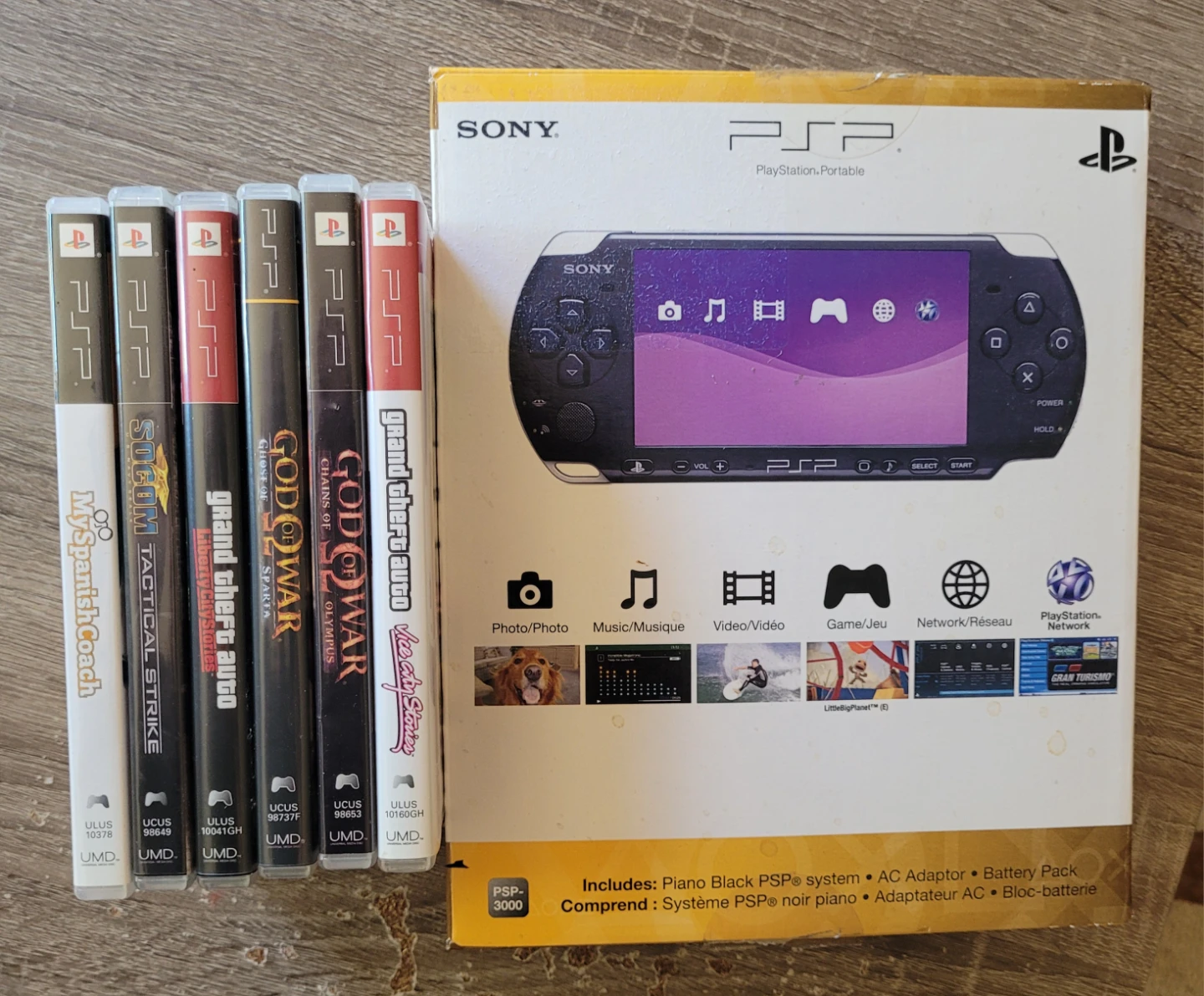 Sony PSP 3000 Piano Black Console with 6 Games