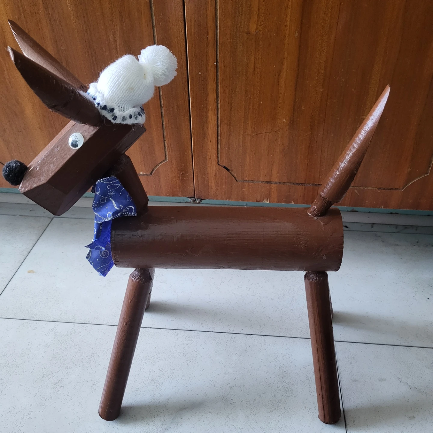 Wooden Dog Decoration with Hat and Scarf