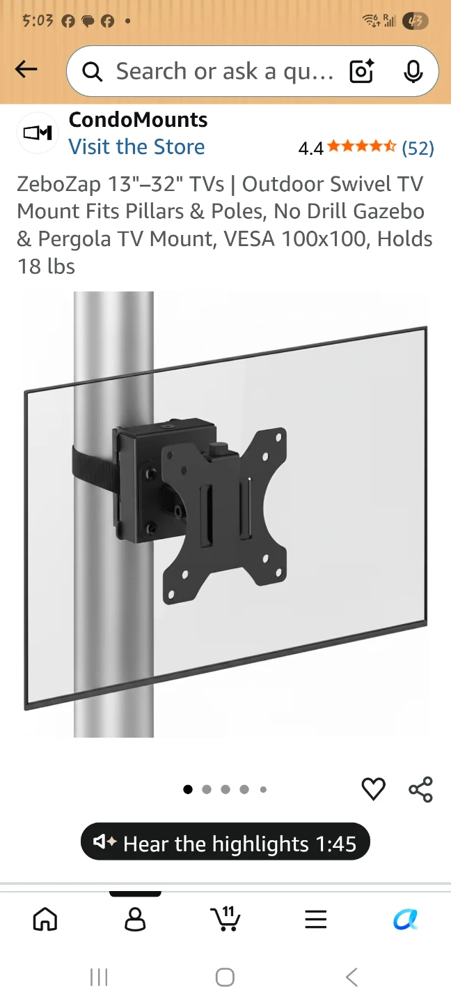 ZeboZap TV Mount for 13"-27" TVs on Poles
