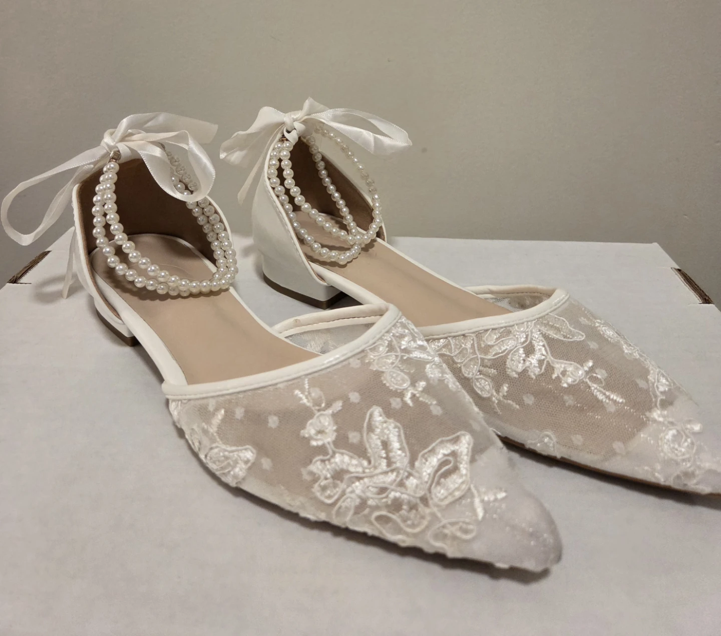 White Lace Ballet Flats with Pearl Ankle Straps (wedding shoes)