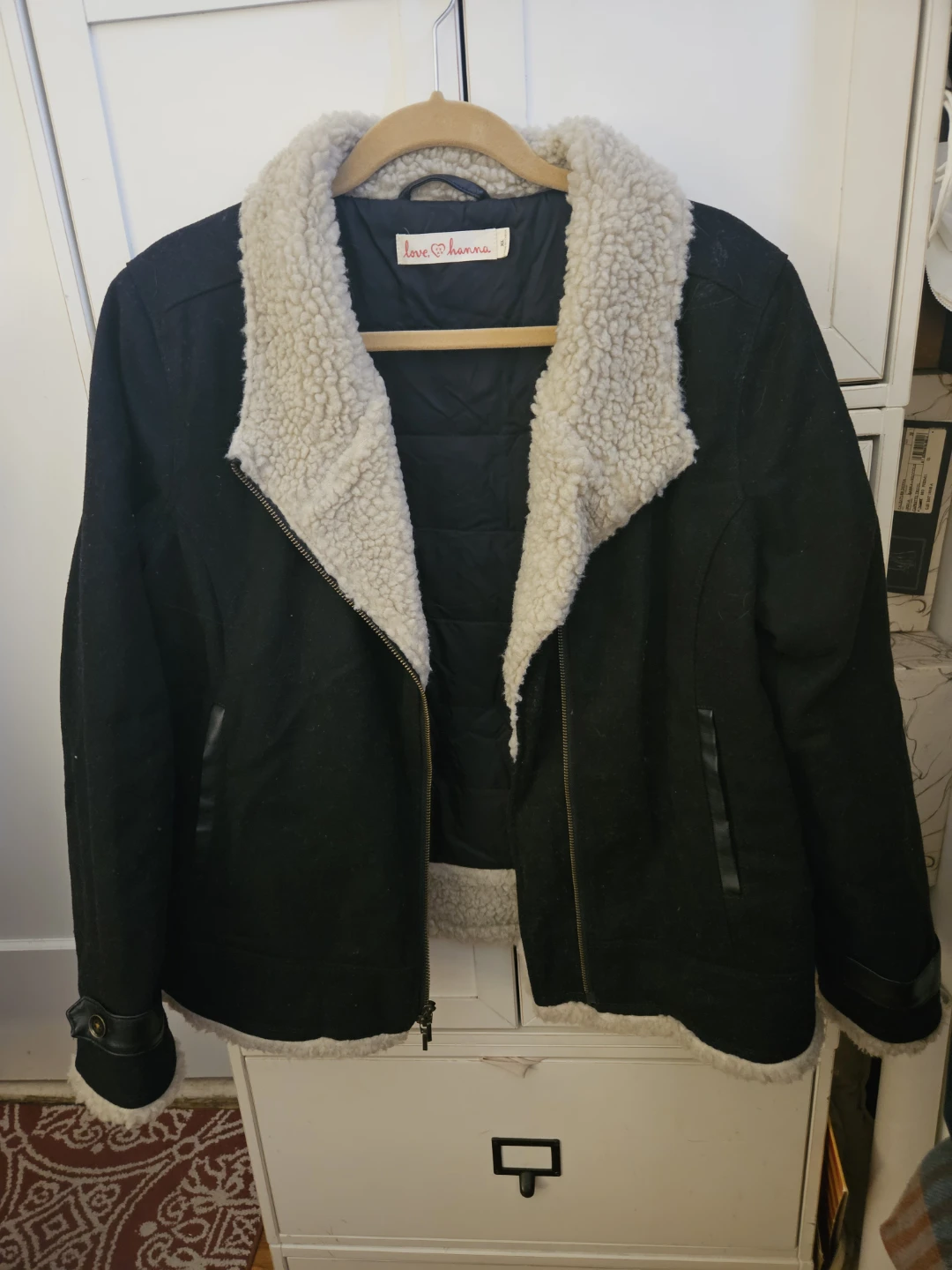 Love, Hanna Black Faux Sherpa Lined Moto Jacket XL