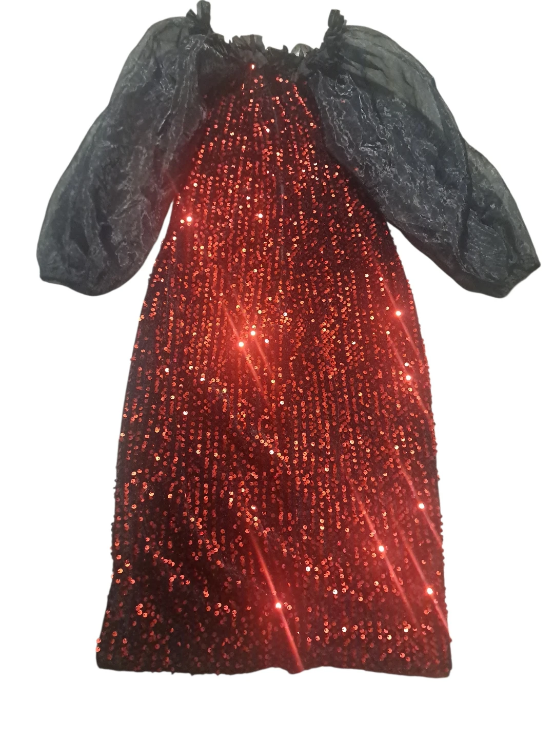 Red Sequin Dress with Black Puff Sleeves