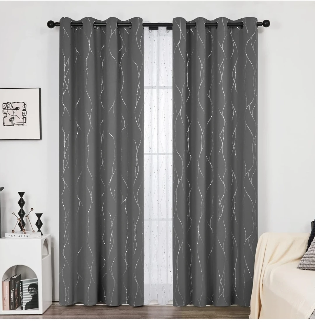 Grey Grommet Blackout Curtains with Wave Line and Dot Pattern