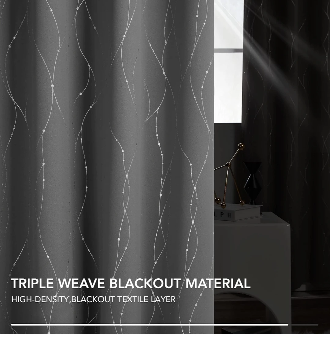 Grey Grommet Blackout Curtains with Wave Line and Dot Pattern - photo 3
