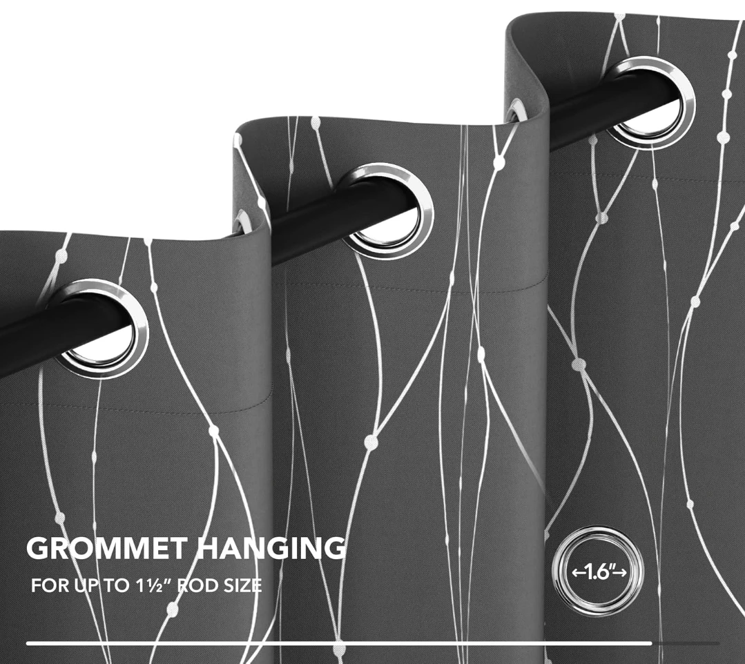Grey Grommet Blackout Curtains with Wave Line and Dot Pattern - photo 4