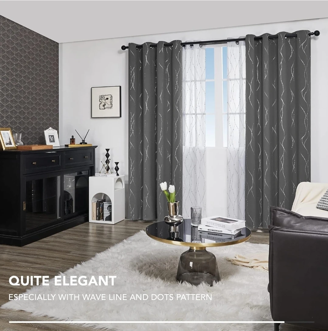 Grey Grommet Blackout Curtains with Wave Line and Dot Pattern - photo 5