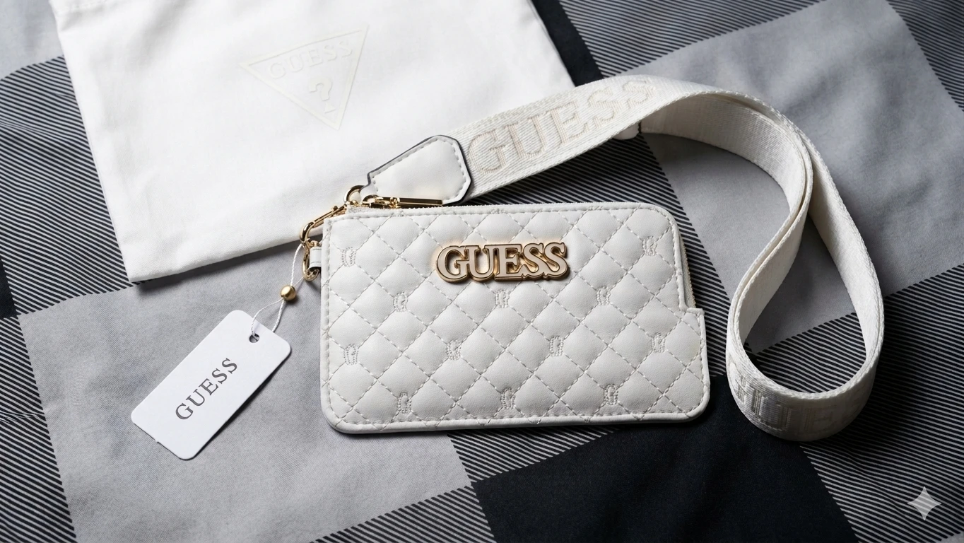 Guess White Quilted Cardholder with Wrist Strap