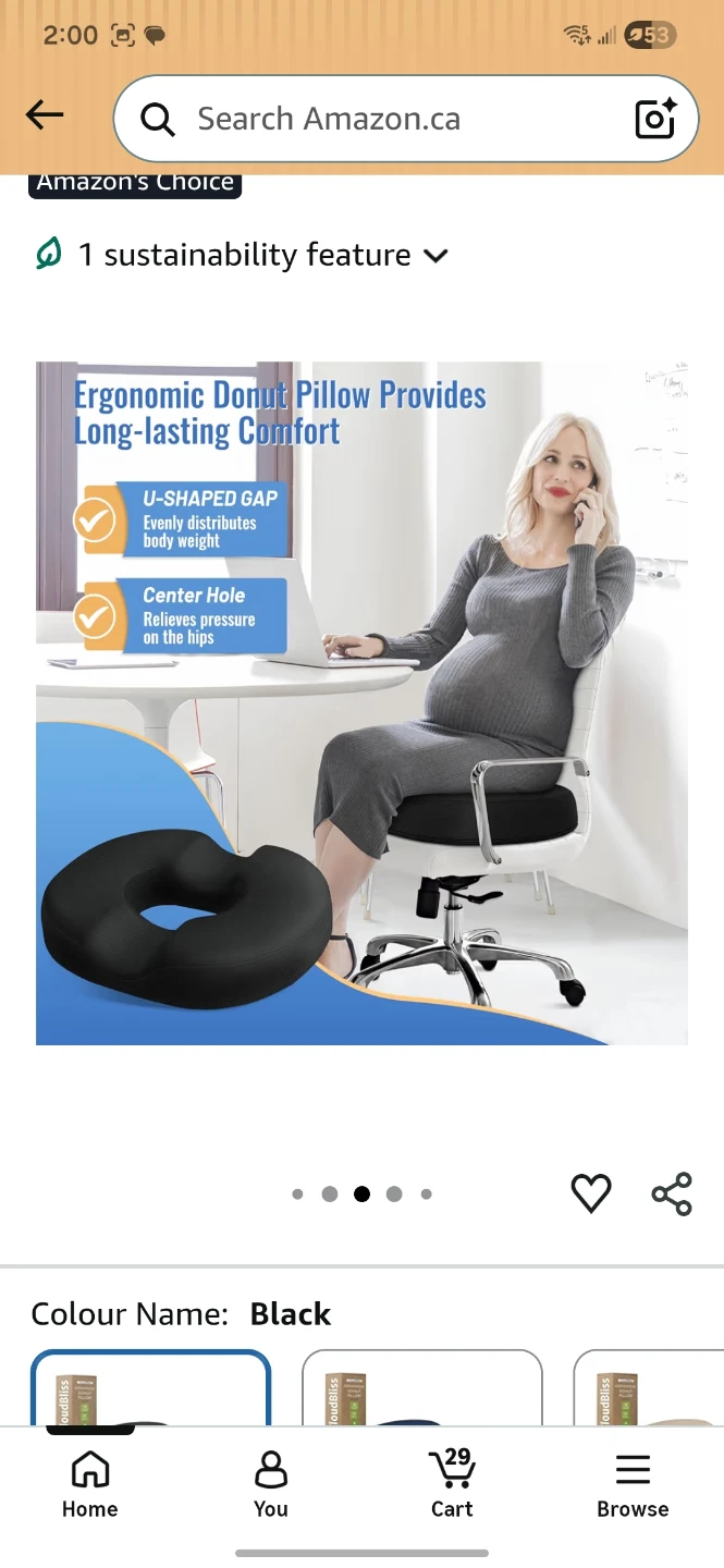5 Stars United Donut Seat Cushion - Large Black Memory Foam
