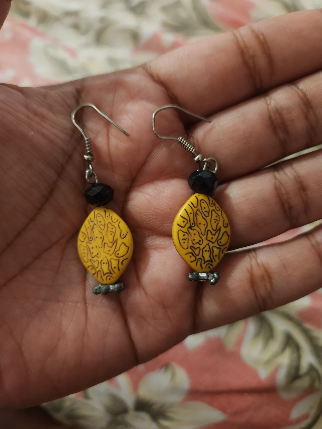Yellow Oval Earrings with Black Beads ⚽
