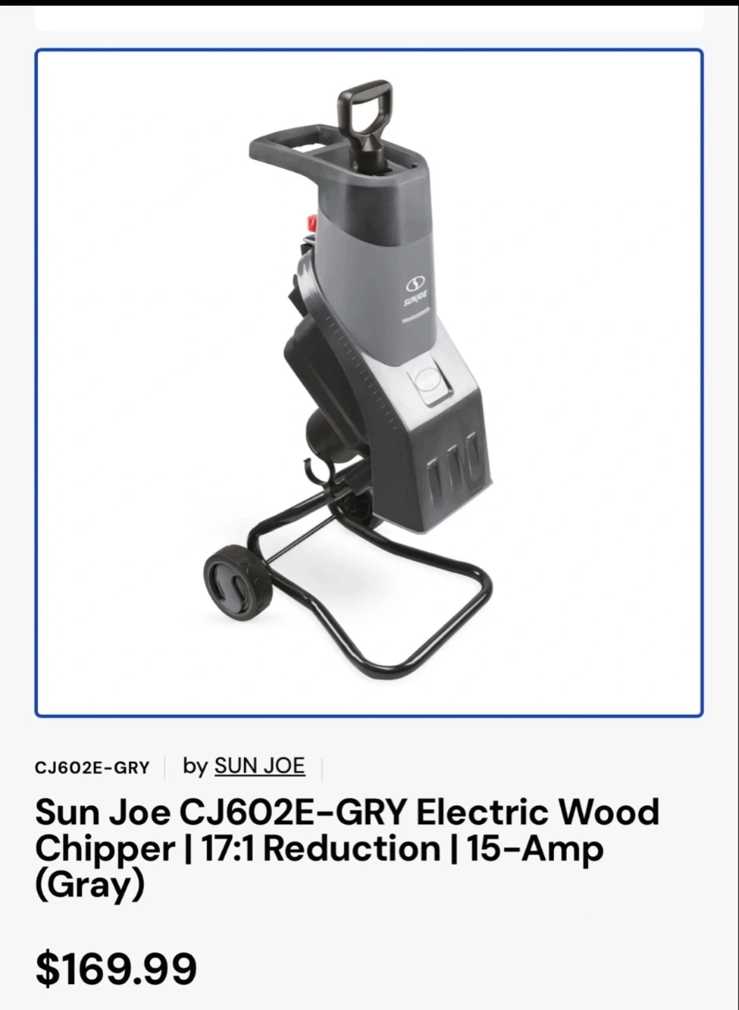 Sun Joe Electric Wood Chipper CJ602E-GRY