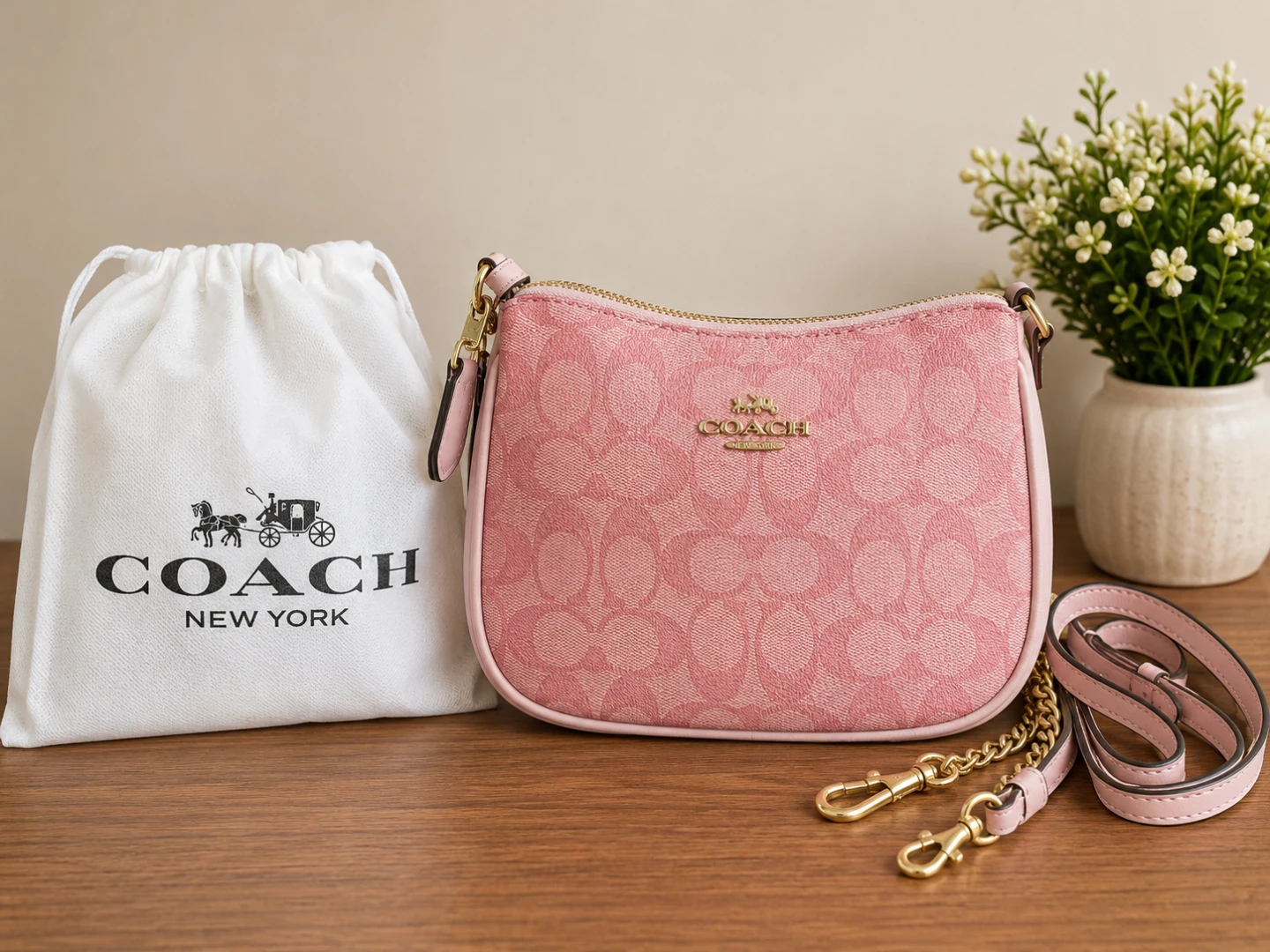 Coach Pink Signature Canvas Wristlet Pouch with Dust Bag