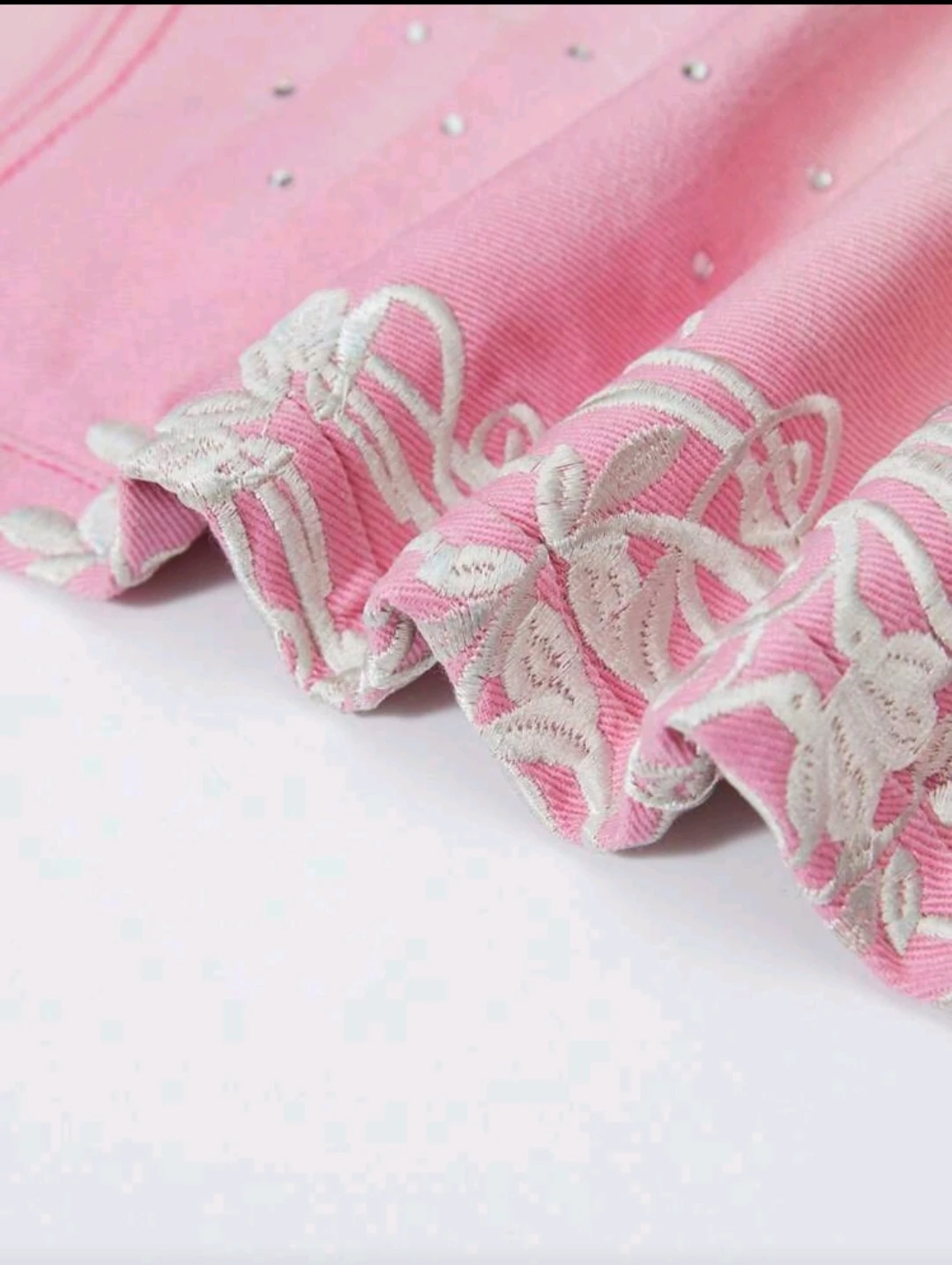 Pink Denim Shorts with Rhinestones and Embroidery - photo 5