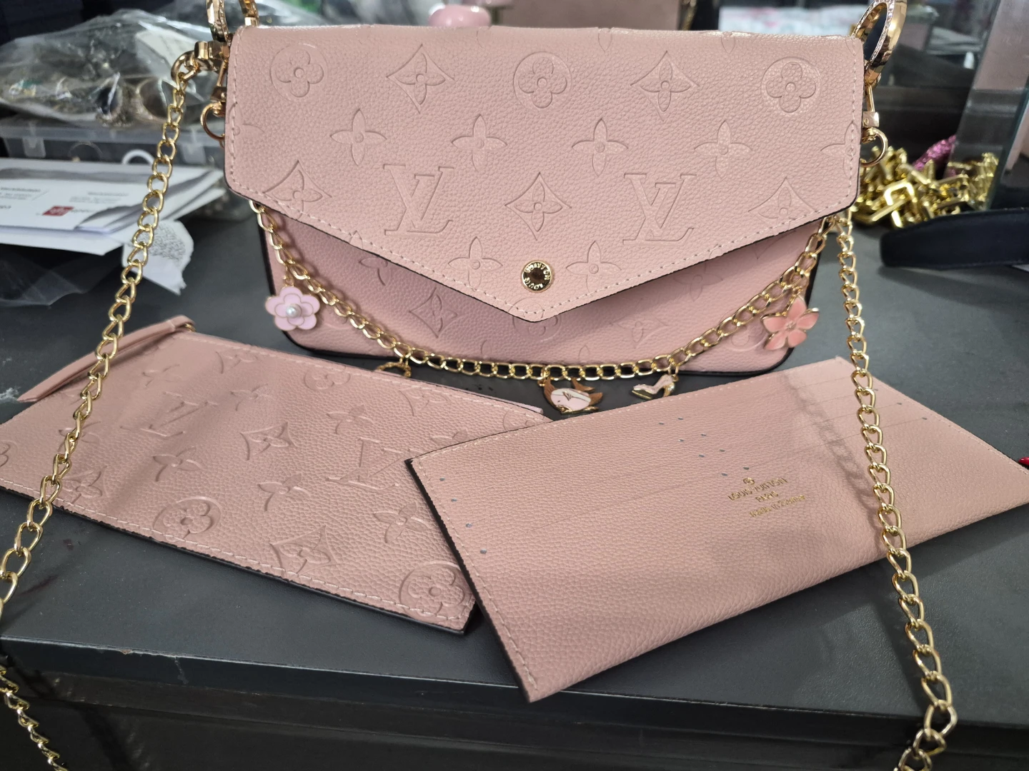 Pink Louis Vuitton Monogram Chain Wallet 3pc