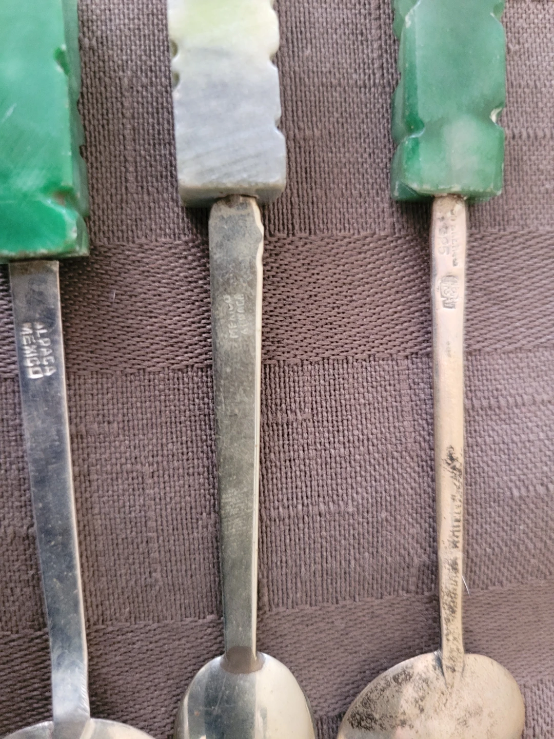 3 Mexican Carved Green Stone Sterling Silver Spoons Alpaca - photo 2