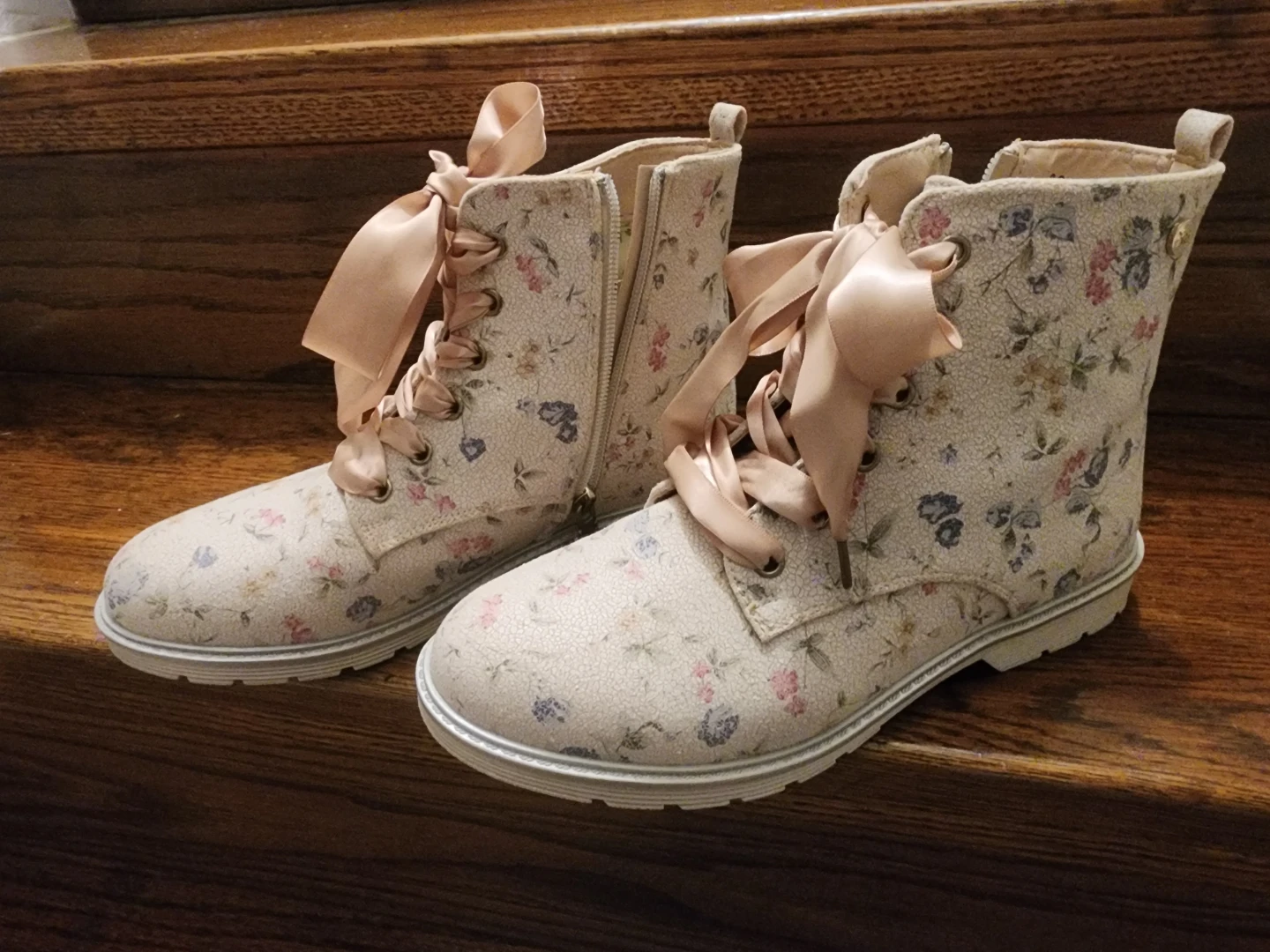 Floral Combat Boots with Ribbon Laces